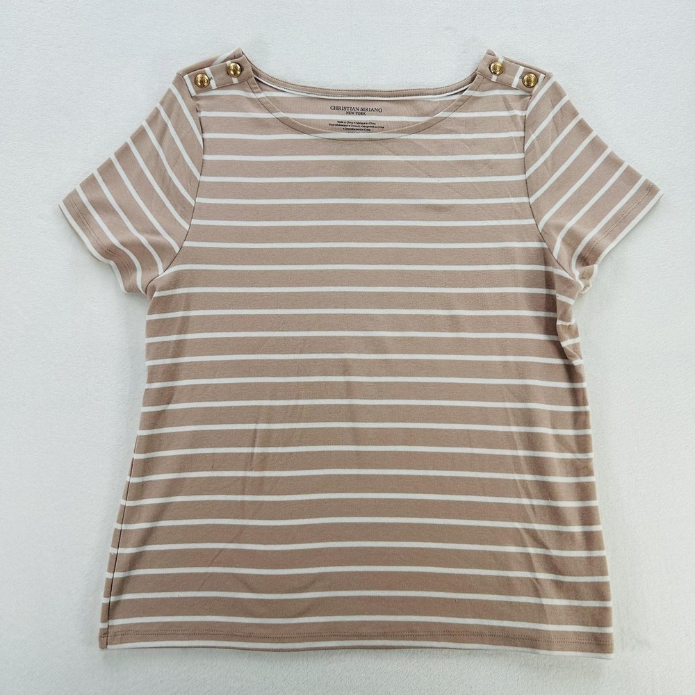 Christian Siriano Shirt Womens XL Beige White Striped Button Shoulder Tee Top